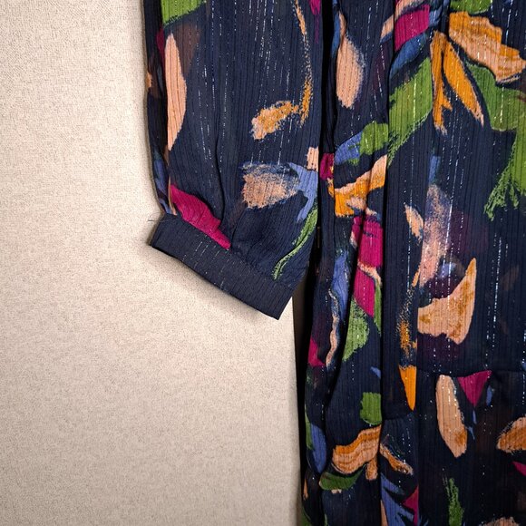 Grace & Mila Blue Foral Sheer Tiered V-Neckline Long Sleeve Dress - Picture 4 of 5